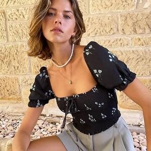Wilfred Black and Blue Floral Smocked Blouse